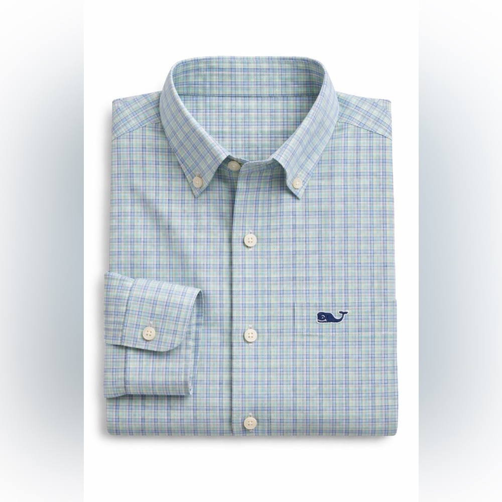 Vineyard Vines Classic Fit Tucker Shirt – Blue & Green Check – Size Small